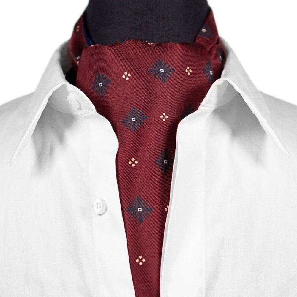 Mens Silk Ascot Cravat Burgundy Navy Geometric Medallion Formal Wedding Scarf